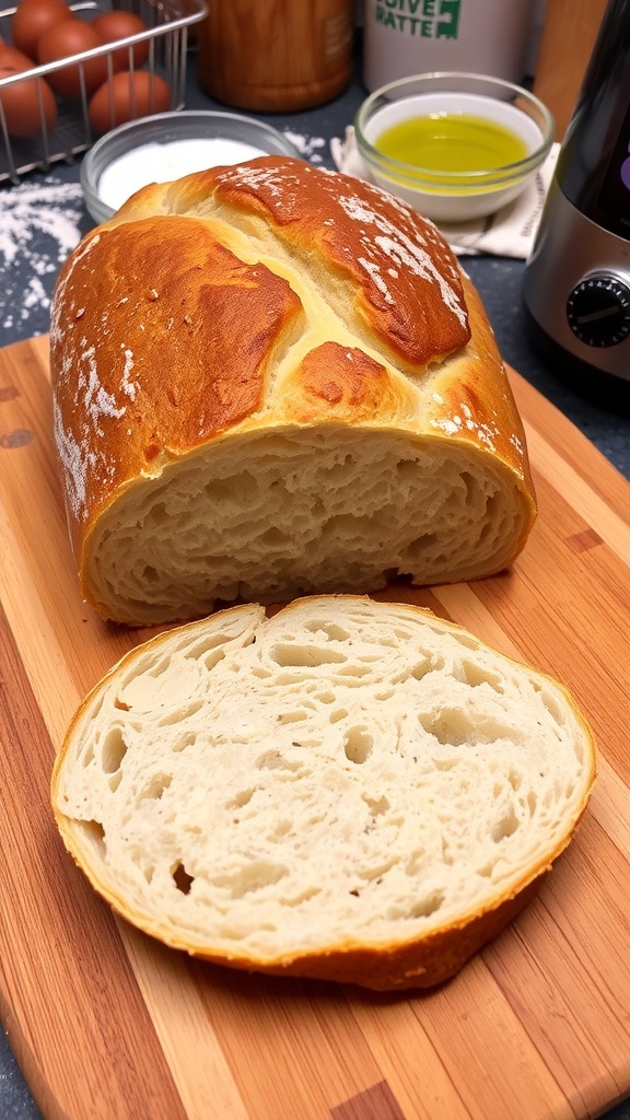 A crusty artisan bread loaf on a cutting board with a slice cut to show the soft inside.